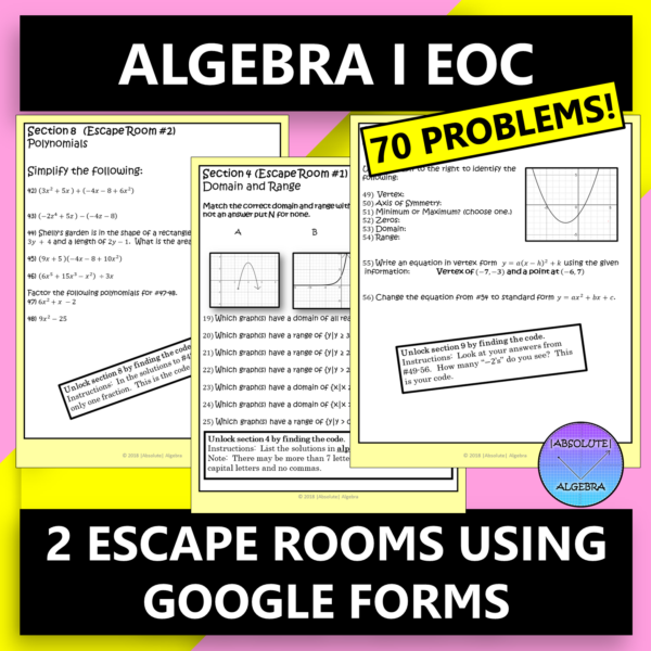 Algebra End of Course Escape Rooms Google Forms