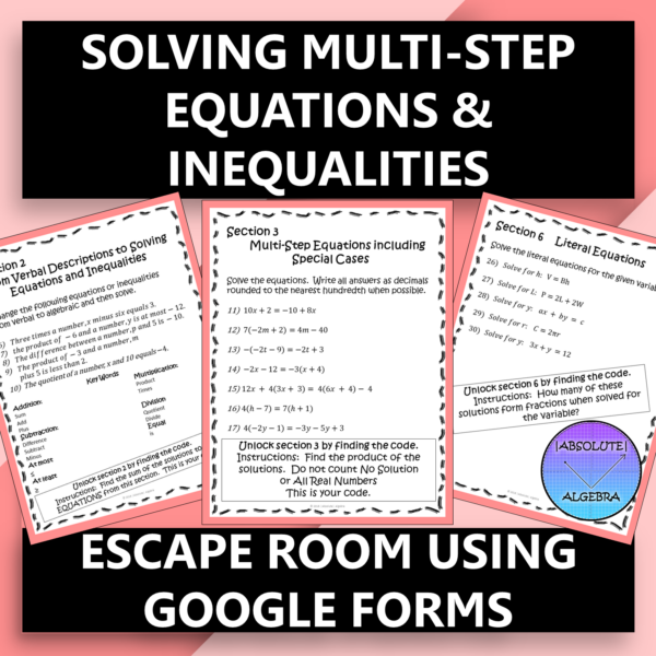 Multi-Step Equations Inequalities Escape Room Google Forms
