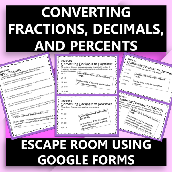 Converting Fractions, Decimals,Percents Digital Escape Room Distance Learning
