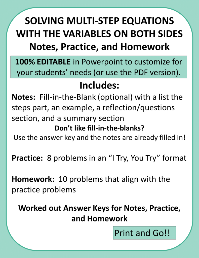 Solving Multi-Step Equations Variables on Both Sides Notes Practice ...