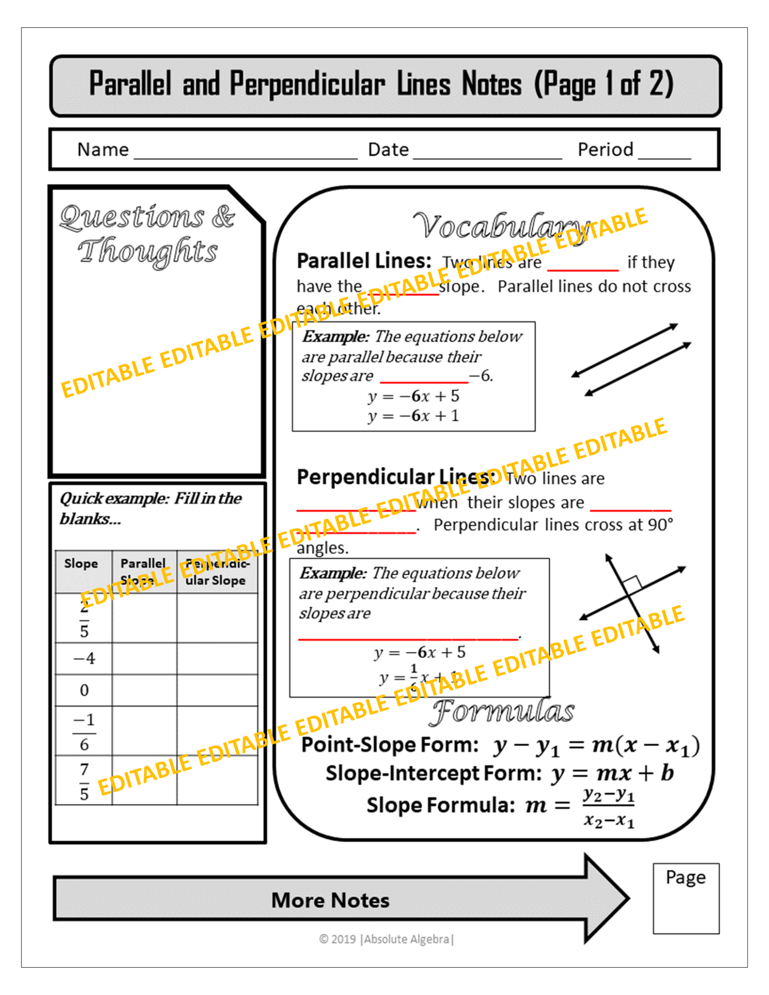 Algebra I Parallel and Perpendicular Lines Notes Practice Homework ...