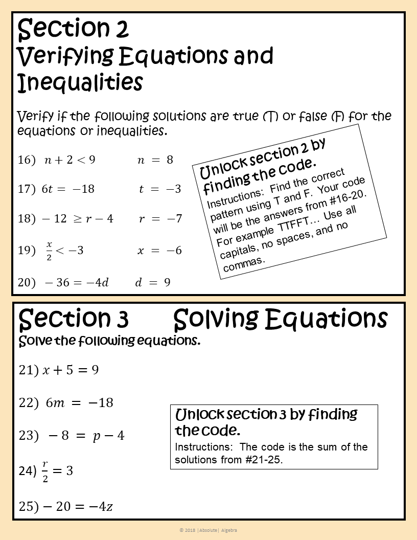 One-Step Equations and Inequalities Digital Escape Room - Absolute With Hands On Equations Worksheet