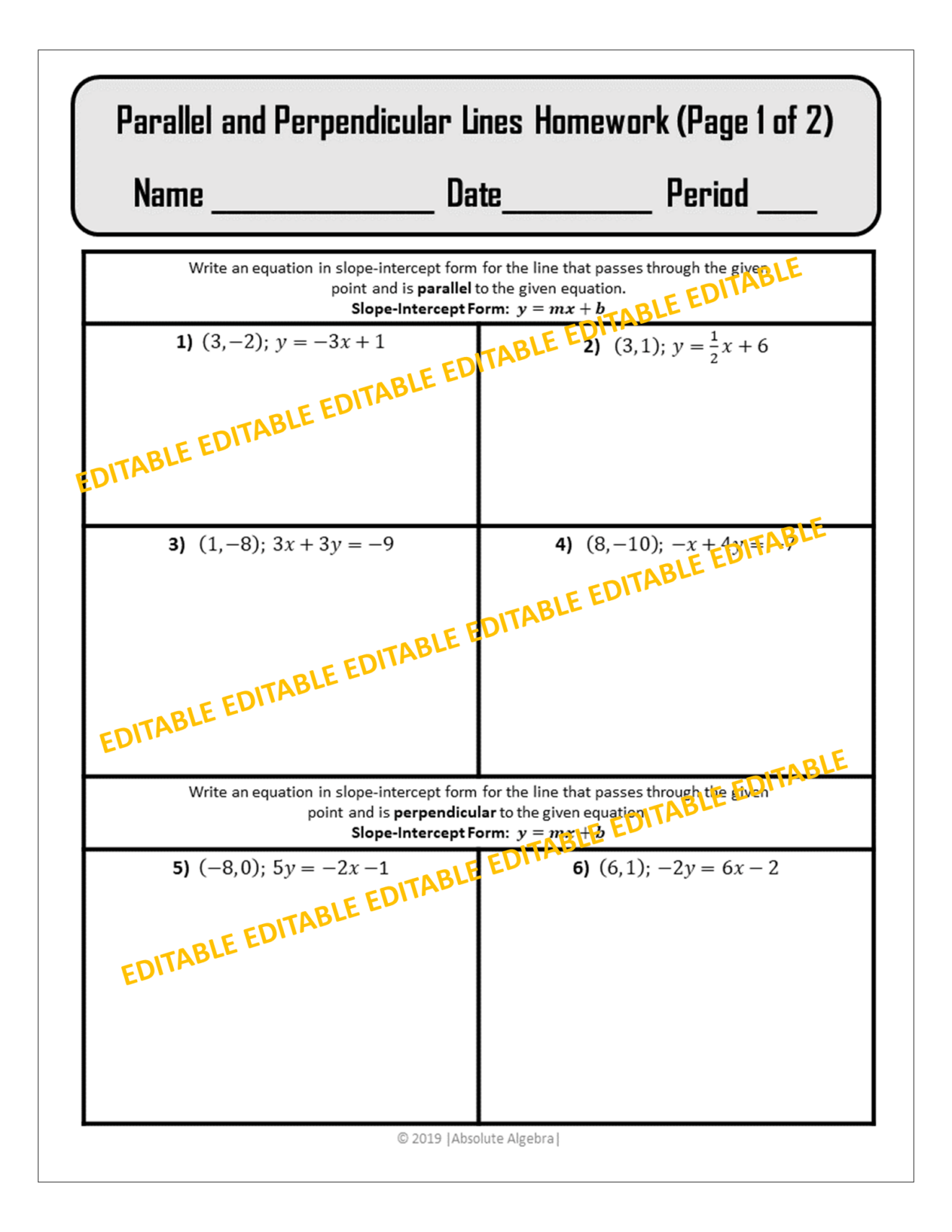 Algebra I Parallel and Perpendicular Lines Notes Practice Homework ...
