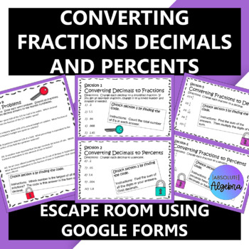 Middle School Converting Fractions Decimals and Percents Escape Room 