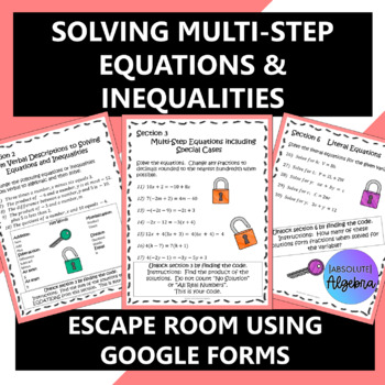 High School Solving Multi-Step Equations and Inequalities Escape Room 