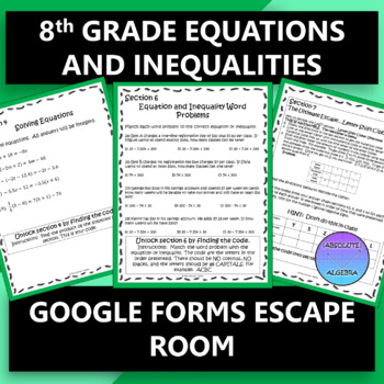 Middle School 8th Grade Equations and Inequalities Escape Room 