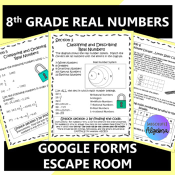 Middle School 8th Grade Real Numbers Escape Room 