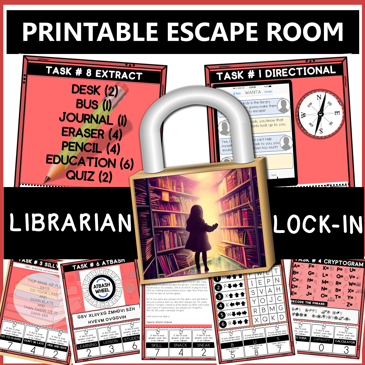 Library escape room printable classroom activity – Sneaky Librarian Lock-In
