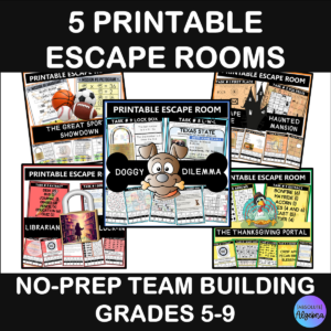 Fun Escape Rooms Bundle with 5 printable team building escape room activities for grades 5-9